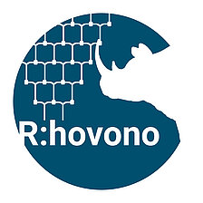 Logo R:hovono, über dem Schriftzug ein Datenbaum, rechts davon der Kopf eines Rhinozeros