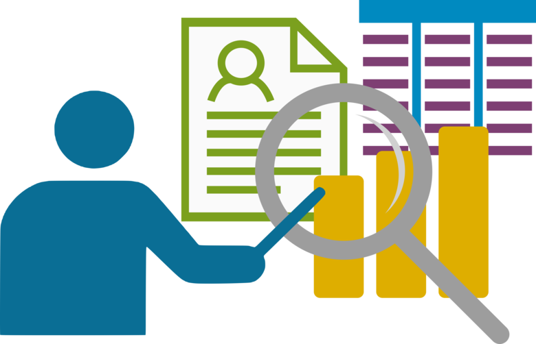 Clipart, das eine Lehrperson darstellt, die mit Forschungsdaten (Textdokumente, Tabellen und Diagrammen) lehrt
